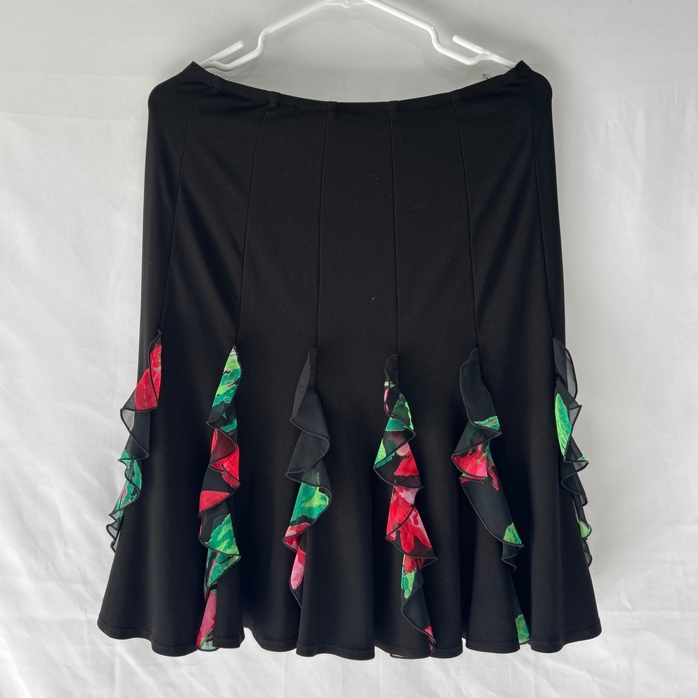 Joseph Ribkoff Black Floral Ruffle Midi Skirt Size 10 Made in Canada A-Line